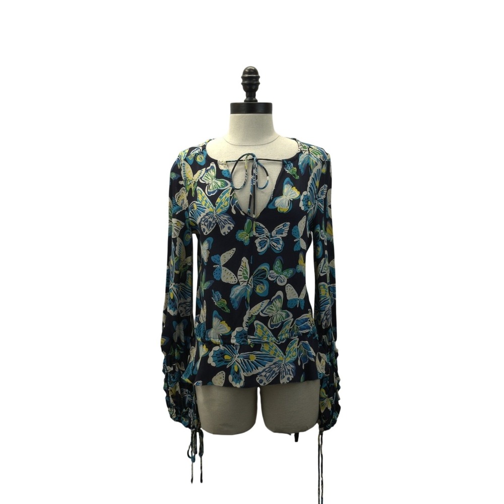 Tory Burch Silk Blouse Womens 2 Navy Blue Excellent Butterfly Print Tie Neck